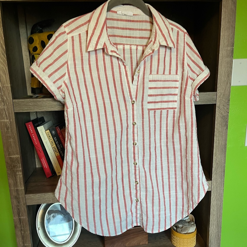 Pink and White Striped Button Down Glitter